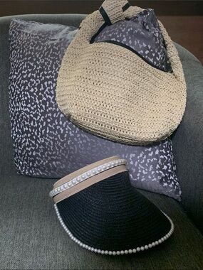 Black Visor with Pearl Trim and “a new day” Natural Straw Bag